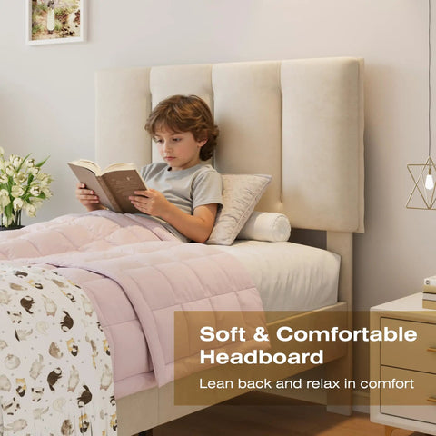 Twin Size Bed Frame Featuring Extra Thick Velvet Upholstered Headboard And Heavy Duty Hardwood Slats Pale Beige Platform Mattress Base with child reading.