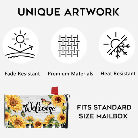 Sunflower Butterfly Welcome Mailbox Cover Magnetic 21 By 18 Inches Standard Size Rustic Farmhouse Post Box Wrap with fade resistant features.