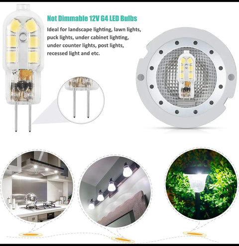 G4 LED Bulb 12V Bi Pin Replacement For Halogen 20W, 1.5W Equivalent, Not Dimmable, Daylight White 6000K, light applications shown
