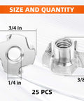 Badass 1/4-20 Tee Nut Fasteners With 5/16 Inch Barrel, 25 pack, size measurements shown for use in furniture assembly.