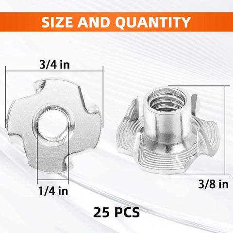 Badass 1/4-20 Tee Nut Fasteners With 5/16 Inch Barrel, 25 pack, size measurements shown for use in furniture assembly.