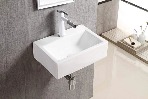 Rectangular White Porcelain Wall Mount Bathroom Sink With Hardware Included Measures 16.75 Inches Long By 12 Inches Wide By 5.125 Inches High