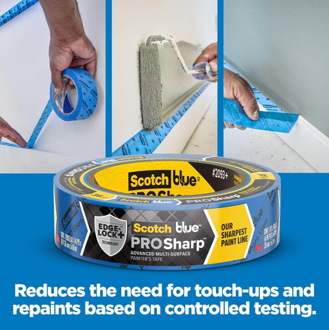 Hand applying PROSharp Painter's Tape 1.5 in x 60 yd, 3-Pack - Edge-Lock+ on wall edges, blue tape shown with logo and packaging details
