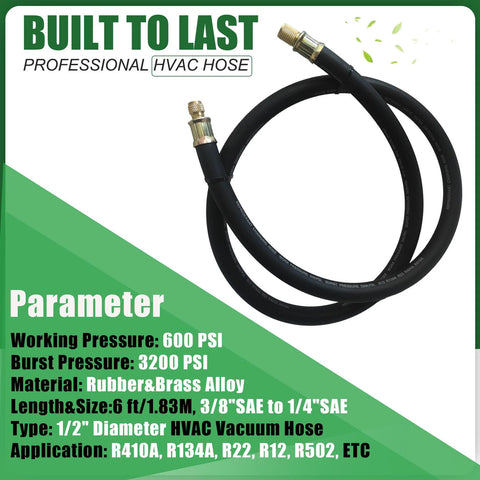 NHB1 6ft HVAC vacuum hose, 1/2" ID, black rubber with brass fittings, Amazon brand