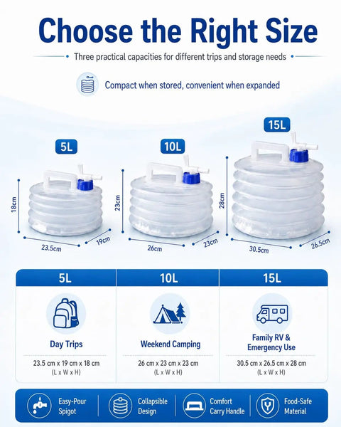 Image showing sizes of Collapsible Water Container With Spigot For Camping And Travel, from 5L to 15L, ideal for RVs and hiking.