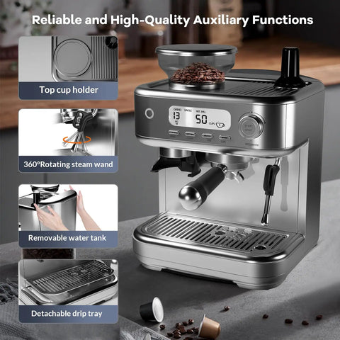 Killer Espresso Machine With Built In Grinder And LCD Display 15 Bar Professional Coffee Maker PID Temp Control Stainless Steel with steam wand.