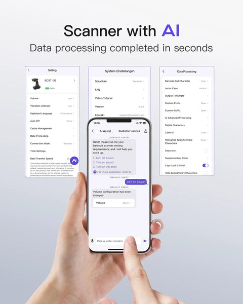 Bluetooth Barcode Scanner 2D Handheld interface showing AI app compatibility on smartphone, BCST-36 integration settings displayed