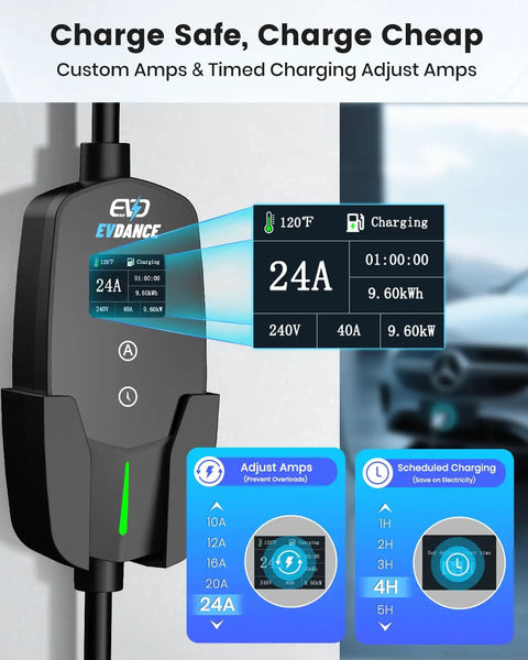 Rock Solid Level 2 Electric Vehicle Charger For Tesla Compatibility featuring adjustable amps display and charging settings.