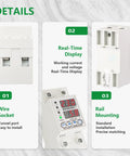 Heavy Duty Adjustable Digital Voltage Protector For AC 120v Single Phase Circuits With Over Under Relay 63a Knockout Current Shield and Dual Led Monitor Quick Snap Din Rail Mount showing detailed components and real-time display.