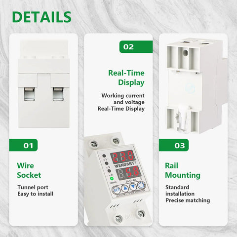 Heavy Duty Adjustable Digital Voltage Protector For AC 120v Single Phase Circuits With Over Under Relay 63a Knockout Current Shield and Dual Led Monitor Quick Snap Din Rail Mount showing detailed components and real-time display.