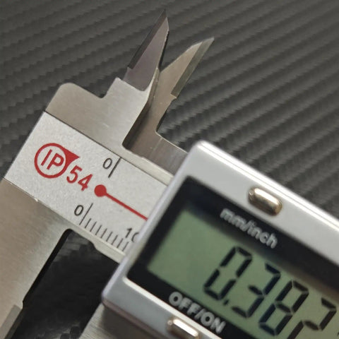 Close-up of Go-To Carbide-Tipped Calipers With Stainless Steel Body showing LCD display and IP54 protection.