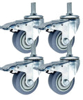 Badass Heavy Duty Three Inch Swivel Casters With Brakes And Threaded Stems For Workbenches Tool Carts Rubber Rolling Wheels.