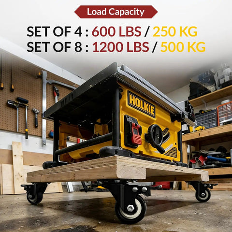 2 Inch Heavy Duty PU Caster Wheels With Hella Sturdy Dual Locking Brake Eight Pack under a workbench with a table saw.