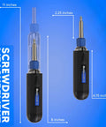 Magnetic 6-In-1 Screwdriver Multi Tool With Auto Loading Barrel, Ergonomic Anti-Roll Handle And Rotating Collar shown in measurement dimensions.