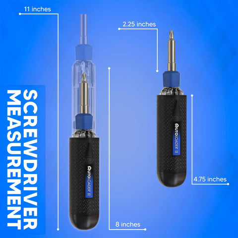 Magnetic 6-In-1 Screwdriver Multi Tool With Auto Loading Barrel, Ergonomic Anti-Roll Handle And Rotating Collar shown in measurement dimensions.
