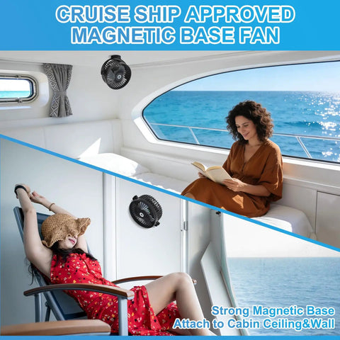 2-Pack Magnetic Cruise Fan With 12000mAh Rechargeable Battery, LED Light, Timer, And Power Bank Output mounted in cruise cabin