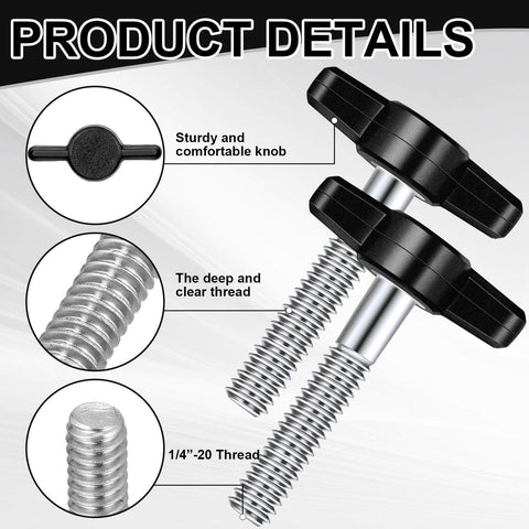 Close-up of 16 Pack Stainless Steel Thumb Screws With Adjustable Tee Wing Plastic Knobs For Quick Hand Tightening and Removal Quarter Inch Thread Twenty Threads Per Inch Black Wing Knobs