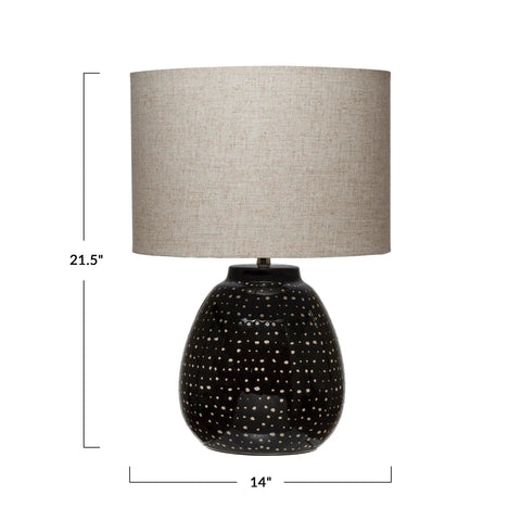 Stoneware table lamp with black base and white dots, 21.5 in tall for nightstands, cozy lighting accent for living room or bedroom.