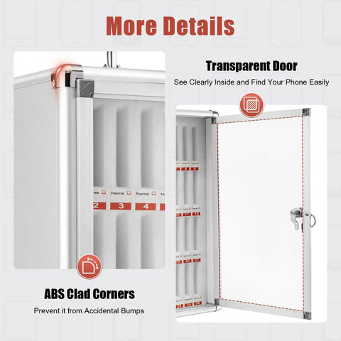 Built Different 36 Slot Cell Phone Locker With Heavy Duty Aluminum Frame features transparent door and ABS clad corners.