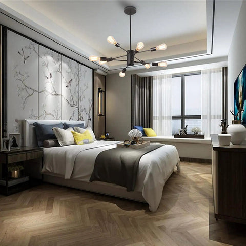 Bedroom with 8 Light Dope Modern Industrial Ceiling Chandelier With Adjustable Height Black Finish For Dining Room Kitchen Island Foyer Entryway Sloped Ceiling Compatible Dimmable With Bulbs Not Included