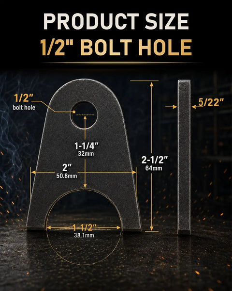 High Quality Premium Beefy Weld On Shock Mount Chassis Tabs Fits 1.5 Inch Round Tubes with 1/2" bolt hole dimensions.