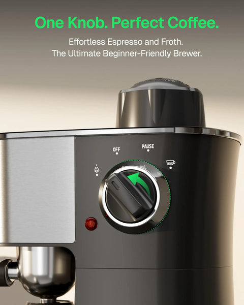 Compact Espresso Machine With Milk Frother For Home And Office, 3.5 Bar Cappuccino And Latte Maker close-up on control knob