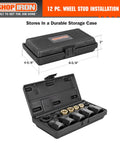 Wheel Stud Installation And Rethread Kit, 12-Piece No Fuss Pro Grade Set in storage case, showing stud installers and rethread nuts.