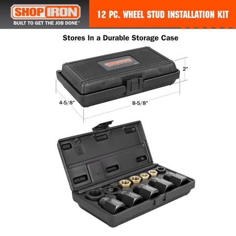 Wheel Stud Installation And Rethread Kit, 12-Piece No Fuss Pro Grade Set in storage case, showing stud installers and rethread nuts.