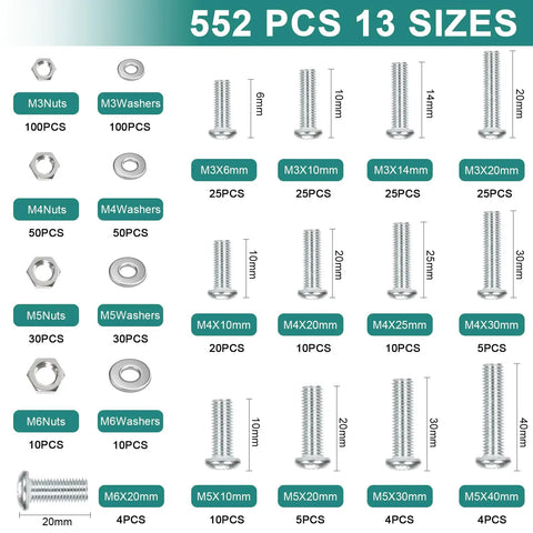 552 Piece Metric Screws Nuts And Bolts Assortment Kit Contains M3 M4 M5 M6 Fasteners With Hex Nuts And Flat Washers