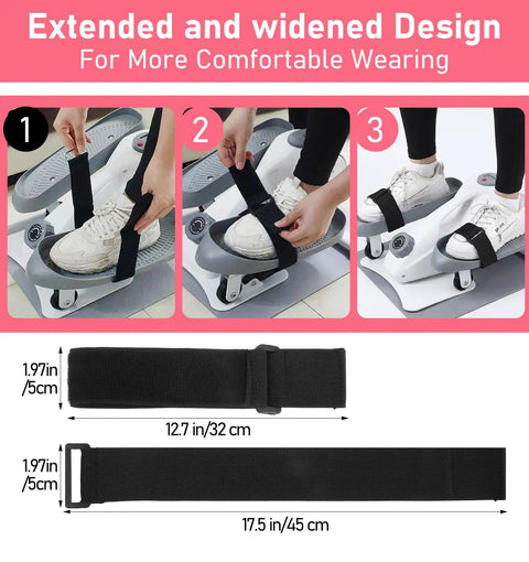 Extended design of two pack bike pedal straps for stable foot retention on elliptical machines, showing secure fit and dimensions.