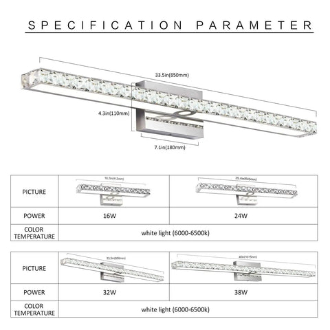 Crystal Vanity Lights LED Thirty Three Point Five Inch Dimmable Bathroom Light Fixtures In Modern Chrome specifications chart