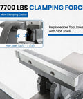 Close-up of Beefy 5.5 Inch Bench Vise with replaceable jaws, showcasing 7700 lbs clamping force, heavy-duty ductile iron build.