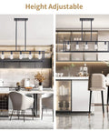 Farmhouse Rectangle Chandelier With Adjustable Height Matte Black 5 Light Industrial Pendant Lighting for dining room and kitchen island.