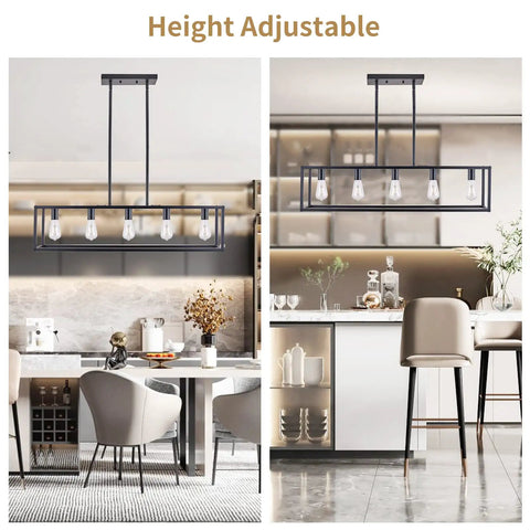 Farmhouse Rectangle Chandelier With Adjustable Height Matte Black 5 Light Industrial Pendant Lighting for dining room and kitchen island.