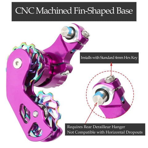 Single Speed Chain Tensioner Kit For Hardtail MTB BMX DJ And Folding Bikes, CNC machined fin-shaped base with 11T guide pulley.