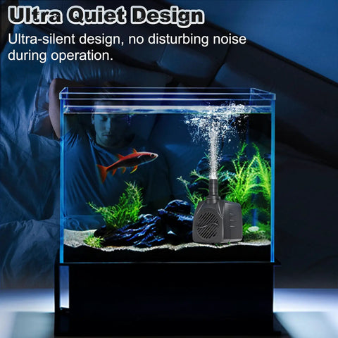 Submersible Pump 400GPH Ultra Quiet With Overheating Protection in aquarium, showcasing quiet operation and water flow