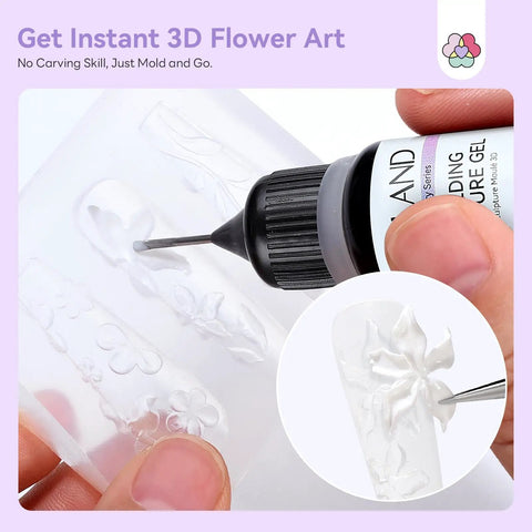 Close-up of Pat Pat Gel Polish Palette Kit with 3D flower mold and sculpting gel being applied for DIY nail art.