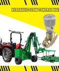 Heavy-duty hydraulic needle valve 3/8 NPT with a tractor-mounted hydraulic system for precise flow control.