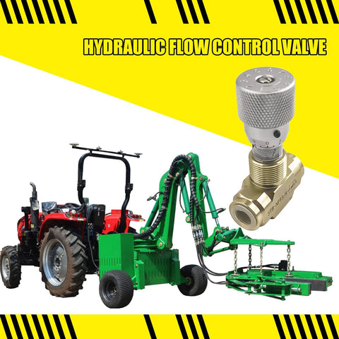 Heavy-duty hydraulic needle valve 3/8 NPT with a tractor-mounted hydraulic system for precise flow control.