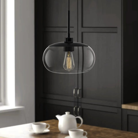 10 Inch Single Pendant Light With Clear Glass Shade In Matte Black Finish Modern Ceiling Fixture For Kitchen Island Or Bar Area Minimalist Contemporary Pendant Lighting With Clean Lines And Slick Style Pairing