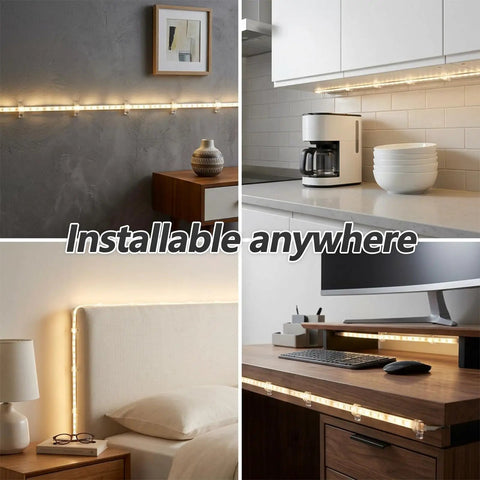 Clear Rope Light Clips Kit 100 Pack Transparent Mounting Brackets With 100 Screws installed on walls and shelves