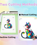 Image showing a colorful cat design on Dark Fabric Heat Transfer Paper for Inkjet and Laser Printers, highlighting manual and machine cutting methods.