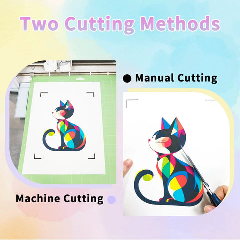Image showing a colorful cat design on Dark Fabric Heat Transfer Paper for Inkjet and Laser Printers, highlighting manual and machine cutting methods.