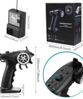 4 Channel 2.4GHz RC Radio System Transmitter Beefed Up With 4 Channel Controller And Receiver For RC Cars Boats And Tanks Fast Response 2ms FHSS Anti Jam Technology, product dimensions and features displayed