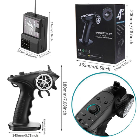 4 Channel 2.4GHz RC Radio System Transmitter Beefed Up With 4 Channel Controller And Receiver For RC Cars Boats And Tanks Fast Response 2ms FHSS Anti Jam Technology, product dimensions and features displayed