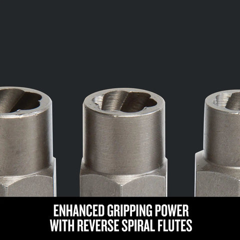 Close-up view of 6 Piece Screw Extractor Set Universal Bolt And Nut Remover Kit with reverse spiral flutes for maximum grip.