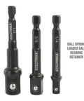 Beefy Five Piece Impact Driver Bit Set With Hex Socket Adapters And Six Inch Drill Extension Includes 1/4 Inch Hex Bits And 1/2 To 3/8 Inch Drive Socket Adapters Fast Pro Grade Power Tool Attachment Kit showing three adapter sizes with ball spring retainer