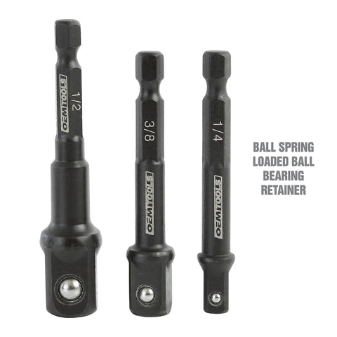 Beefy Five Piece Impact Driver Bit Set With Hex Socket Adapters And Six Inch Drill Extension Includes 1/4 Inch Hex Bits And 1/2 To 3/8 Inch Drive Socket Adapters Fast Pro Grade Power Tool Attachment Kit showing three adapter sizes with ball spring retainer