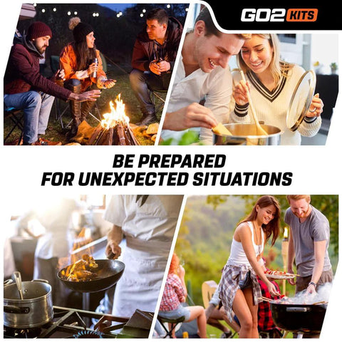 Go2Kits Advanced Burn Kit advertisement collage; camping, cooking and grilling scenes with the GO2KITS logo.
