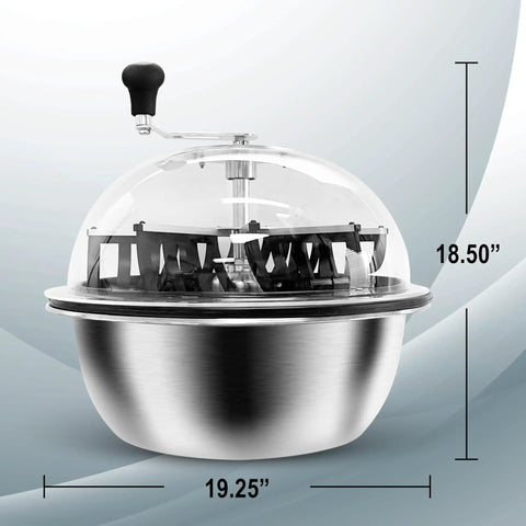 Solid Build Nineteen Inch Electric Leaf Bowl Trimmer with stainless steel blades and clear dome lid, measuring 19.25" x 18.50".